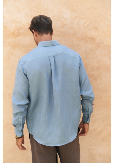 Mai Collection Mai Studios Co. Agnola Oversize Erkek Mavi Keten Gömlek Mavi