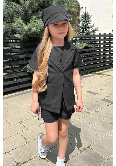 Riccotarz Kız Çocuk Kolsuz Penye Bluz Kısa Kollu Blazer Ceket Şapkalı Siyah Şortlu Takım Siyah