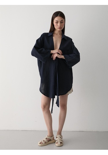 Lacivert Flam Keten Kimono Gömlek Lacivert