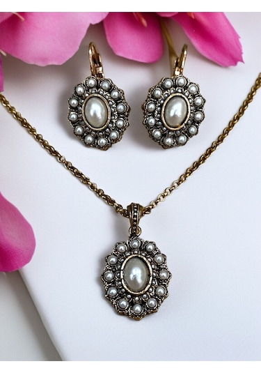 Oval Taşlı İnci Küpe Ve Kolye Seti Diğer