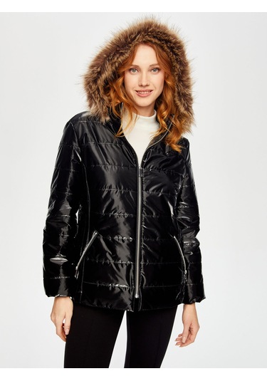 Kürk Kapüşonlu Parlak Kapitone Mont 69442 U6944210 Siyah