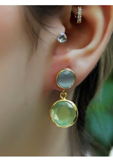 İkili Yuvarlak Modelli Kedigözü Cam Gold Kaplamalı Kadın Küpe Euku25by Yeşil