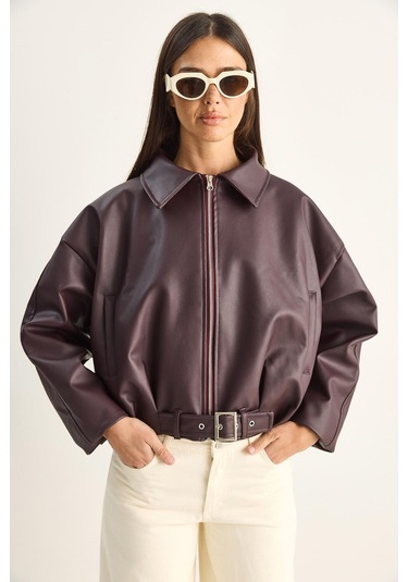 Oversize Tokalı Deri Ceket 3137 60284058 - Bordo