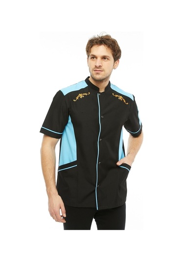 Uniprom Kısa Kollu Aşçı Ceketi Önlük Omuz Nakışlı Cepli Şef, Garson Siyah - Turkuaz