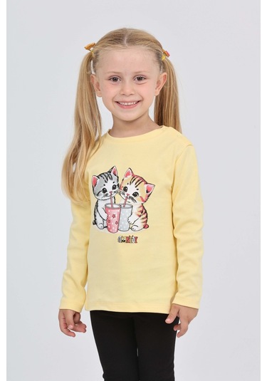 Toontoy Kız Çocuk İkili Kedi Baskılı Sweatshirt Açık Sarı