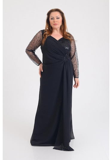 Lilas Xxl Kadın Büyük Beden Şifon Uzun Abiye Elbise 9651 Siyah Siyah