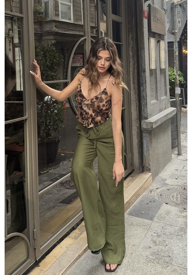 Pembe Keten Karışımlı Bol Kesim Pantolon Haki