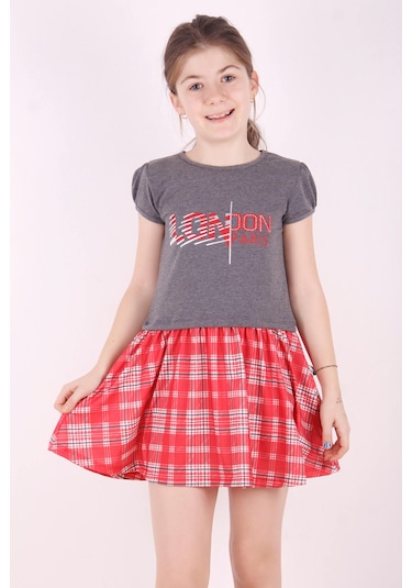 Toontoy Kız Çocuk Baskılı Desenli Elbise Antrasit Melanj