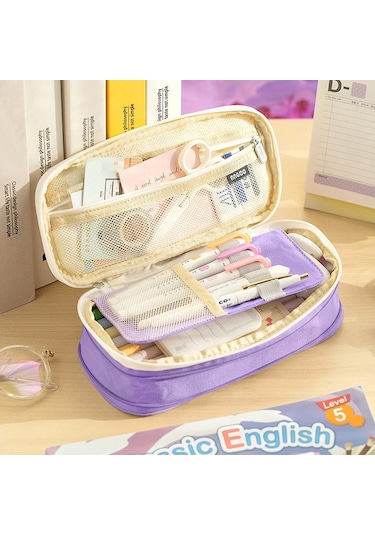 Genişletilebilir Büyük Kapasiteli Okul Kalem Kutusu, Çok Bölmeli Fonksiyonel Kırtasiye Organizer, Mor Renkli Dayanıklı Kalemlik Mor