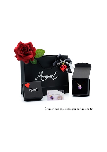 Monemel Kırmızı Kristal Taşlı Sevgililer Günü Özel Set Altın Kaplama N02333set Gümüş - Rodyum