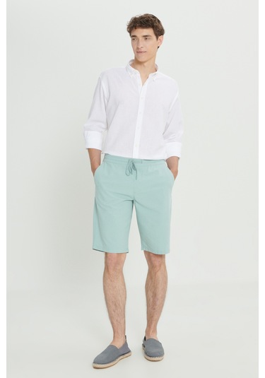 Erkek Beyaz Comfort Fit Rahat Kesim Düğmeli Yaka Keten Gömlek Beyaz