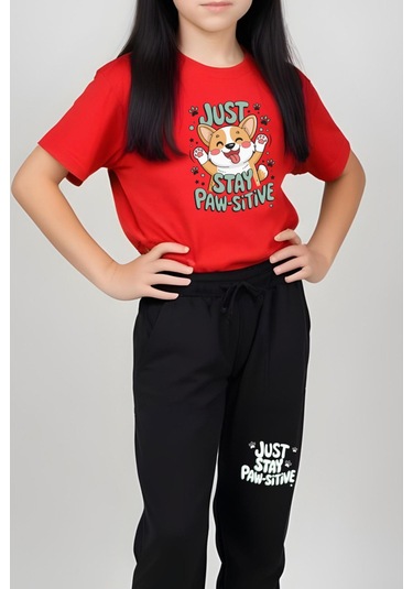 Just Stay Paw Baskılı Kız Çocuk Tişört Ve Eşofman Alt-üst Takım Kırmızı