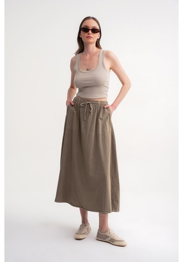4633 Kadın Yandan Cepli Parçalı Etek Antik Vizon Antik Vizon