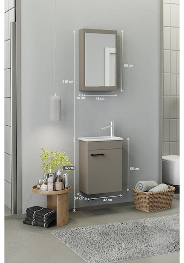 Biani Fix Loft Mini 42 Cm Banyo Dolabı,Seramik Lavabolu, Aynalı,Lavabo Dahil,Mdf,Latte