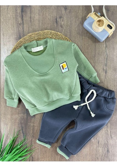 3 İplik İçi Şardonlu Armalı Kışlık Erkek Bebek Takım İguana Antrasit - Yeşil