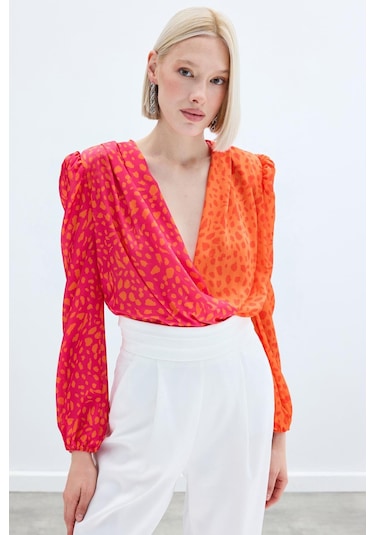 Sateen Kruvaze Desenli Bodysuit - Oranj-Fuşya Fuşya - Turuncu