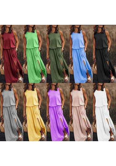 Yuvarlak Yaka Kolsuz Düz Renk Yırtmaçlı Elbise Koyu Yeşil