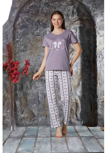 Lukitus Desenli Likralı Kısa Kol Kadın Pijama Takımı Mor