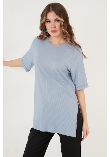 Lela Oversize Bisiklet Yaka Yırtmaç Detaylı Bayan Bluz 5863683 Bebe Mavi