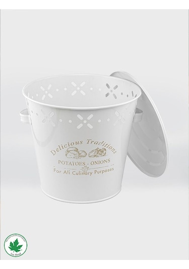 Lüx Metal Patates Soğanlık Kovası Sebze Saklama Kabı Beyaz