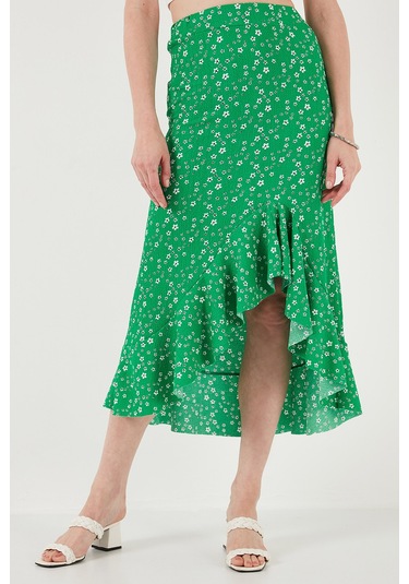 Lela Çiçek Desenli Regular Fit Volanlı Yüksek Bel Midi Boy Yırtmaçlı Bayan Etek 5869012 Yeşil
