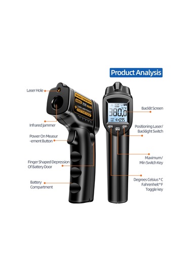Aneng Th103 Dijital Kızılötesi Termometre Sıcaklık Tabancası -20 - 380 Derece Santigrat El Temassız Ters Ekran Endüstriyel Alet - Turuncu