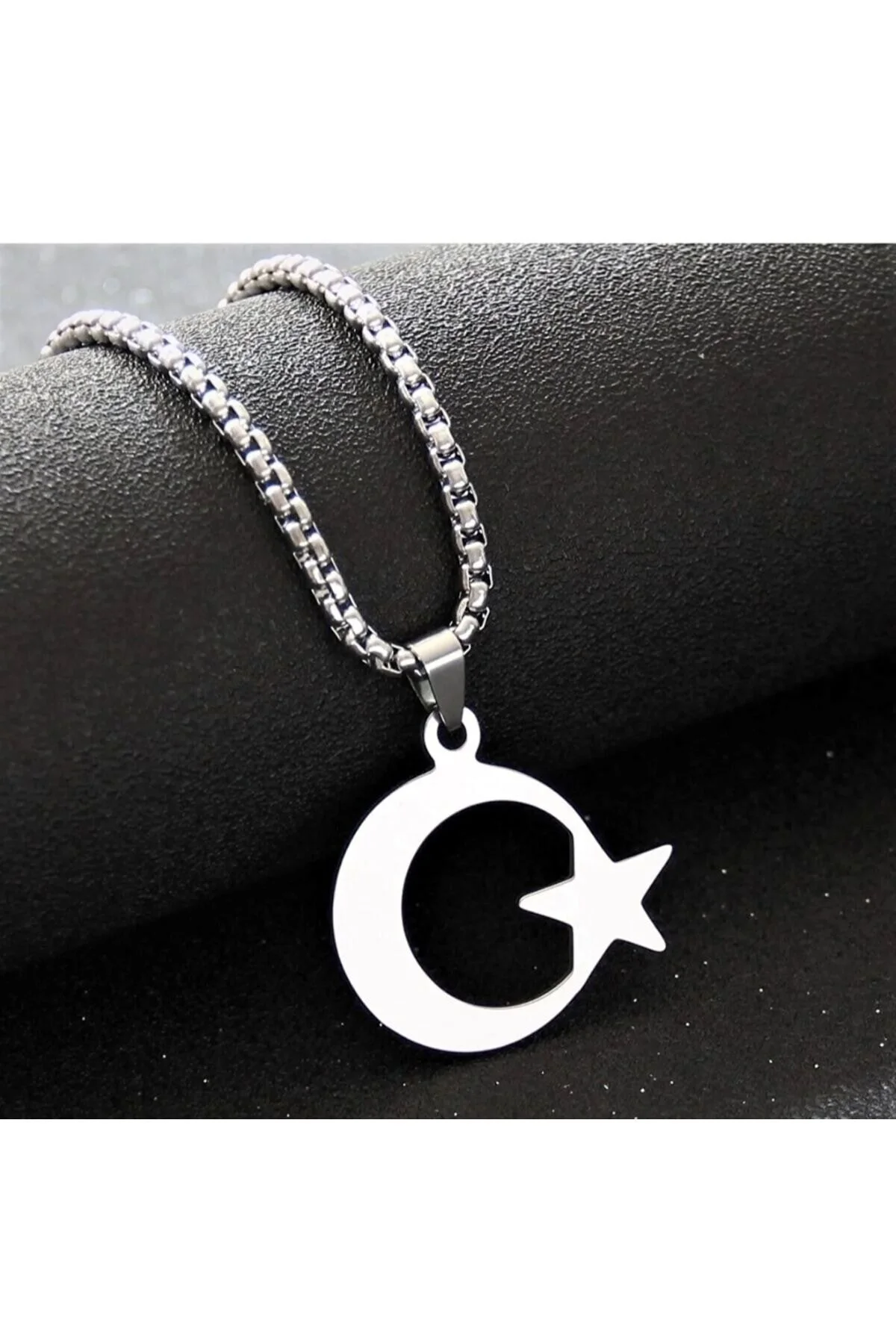 Erkek Ay Yıldız Detaylı Çelik Kolye Gümüş