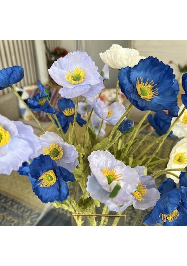 Yapay Çiçek Gelincik Çiçeği Mavi Koyu Renk 3 Çiçek 1 Tomurcuk 59cm