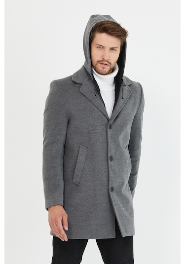 Erkek Gri Yün Karışımlı Kaşe Kapüşonlu Önü Fermuarlı Kaban-Gri