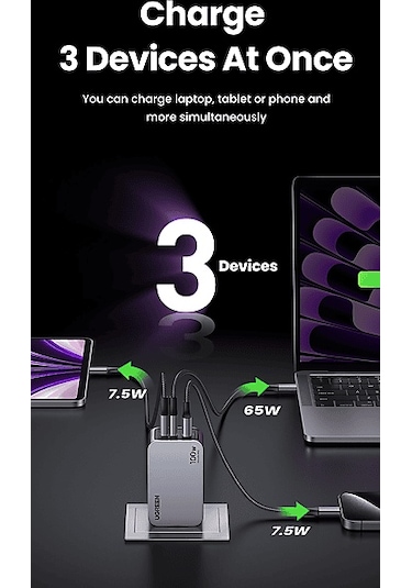 Ugreen Nexode Pro 100 W QC PD Type-C 2xUSB-C 1xUSB-A Gan Hızlı Şarj Cihazı Uzay Grisi