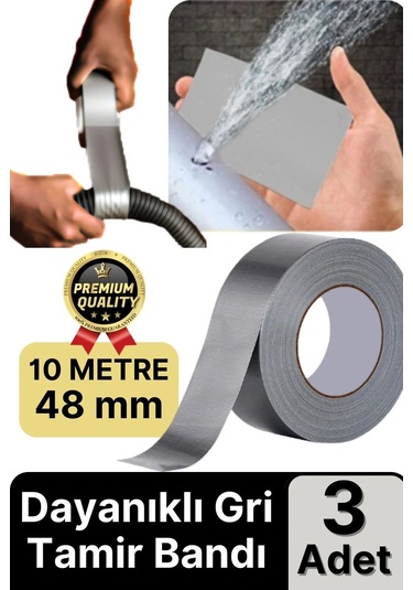 3 Adet Ekstra Güçlü Dayanıklı Su Geçirmez Sızdırmaz Yalıtım İzolasyon Gri Tamir Bandı 10 Mt 48 Mm