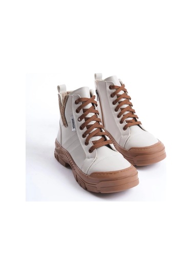 Amber Bağcıklı Fermuarlı Ortopedik Taban Kadın Bot Ctt - Krem Krem