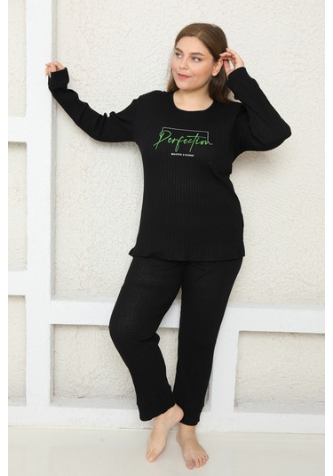 Fames Pijama Büyük Beden Fitilli Pijama Takim Siyah