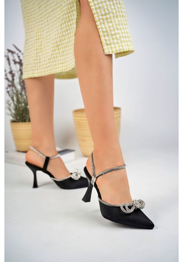 GİMER - Kadeh Ökçeli Arkası Açık Siyah Saten  Taşlı Kadın Sti... Siyah