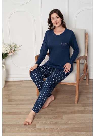 Kadın Bisiklet Yaka Düğmesiz Dökümlü Viskon Mevsimlik Uzun Kol Cepli Pijama Takımı Lacivert
