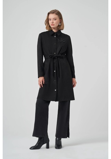 Nuss 6012 Yaka Taş İşlemeli Süvet Kap - Siyah Siyah