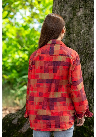 Verdeblanco Çizgili Kareli Dijital Baskı Uzun Kollu Gömlek Kırmızı-yeşil Kırmızı - Yeşil