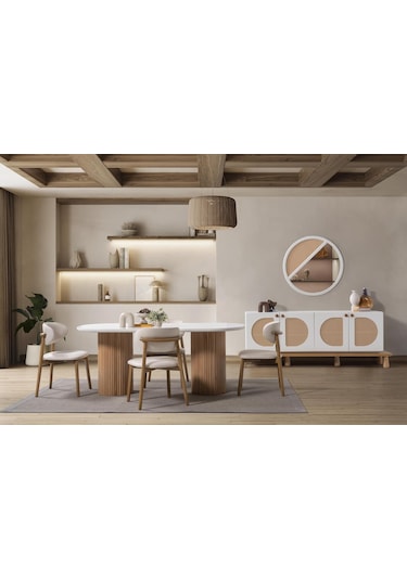 Narven Bohem Natural Ahşap Masa Sandalye Takımı 90x180 Meşe - Beyaz