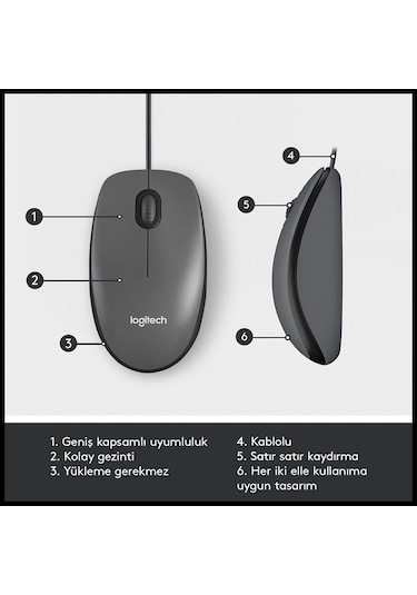 Logıtech 910-006652, M100 Siyah, Usb Kablolu, 1000dpi, Optik, 3 Tuşlu, Mouse Diğer