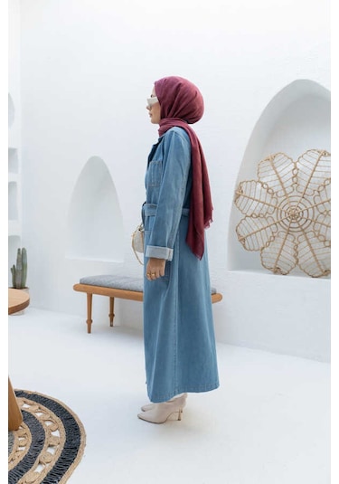 Neways 6655-kuşaklı Denim Ceket Mavi Mavi