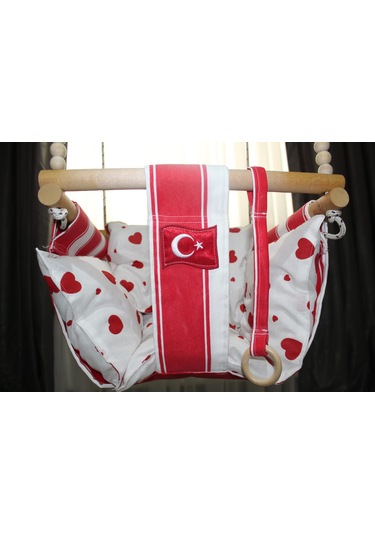 Ahşap Bebek Salıncağı Minder Yastık Ve Diş Halkalı Ay Yıldız Salıncak Kırmızı - Beyaz