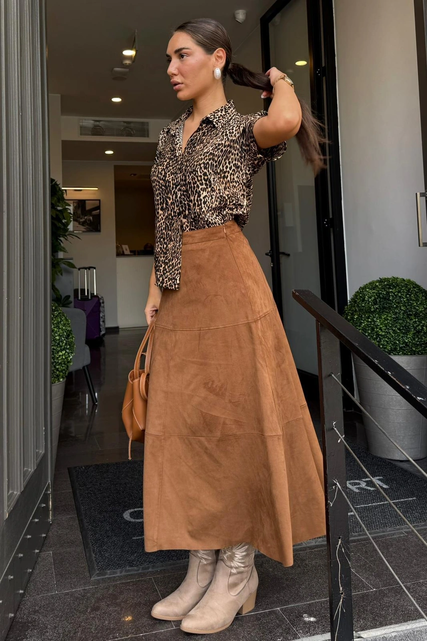 Kahverengi Süet Uzun Etek Mg2549 Kahverengi