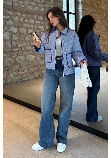 Mavi Pötikareli Cepli Kadın Mont Mg2488 Mavi