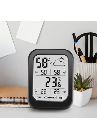 Youtek Siyah Ev İç Sıcaklık Nem Ölçer - 10 Saniye Güncelleme - Büyük Lcd Ekran - Hava Durumu Gösterimi - Dahili Pil