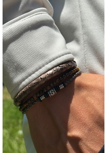 Doğal Taşlı Yılan Derisi Desenli El İşçiliği İle Üretilmiş Hakiki Deri Erkek Bileklik Kahverengi - Siyah