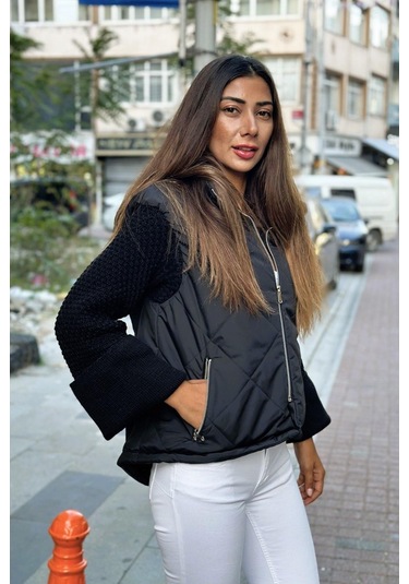 Keyifli Moda Kadın Siyah Dik Yaka Kolları Triko Cepleri Fermuarlı Şişme Mont - 36 Siyah