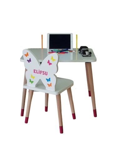Liva Ahşap Çocuk Aktivite Masa Sandalye Takımı 1 Masa + 1 Sandalye Beyaz - Pembe