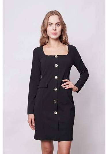 Kadın Likralı Krep Kumaş Kare Yaka Uzun Kol Önü Düğmeli Ofis Ceket Elbise-siyah Siyah