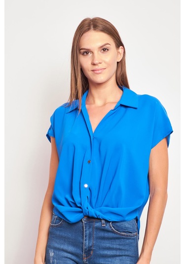 Likrasız Şık Kumaş Yakalı Düşük Omuzlu Önü Pileli Gömlek-Sax Sax