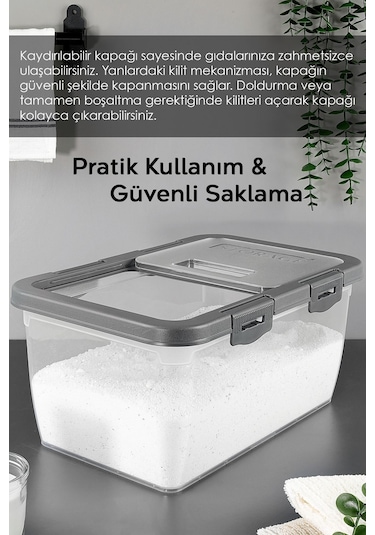 2 Adet Etiketli Deterjan Saklama Kutusu - Kilitli Kayar Kapak Tablet Toz Deterjan Kabı 10 Lt Gri Gri